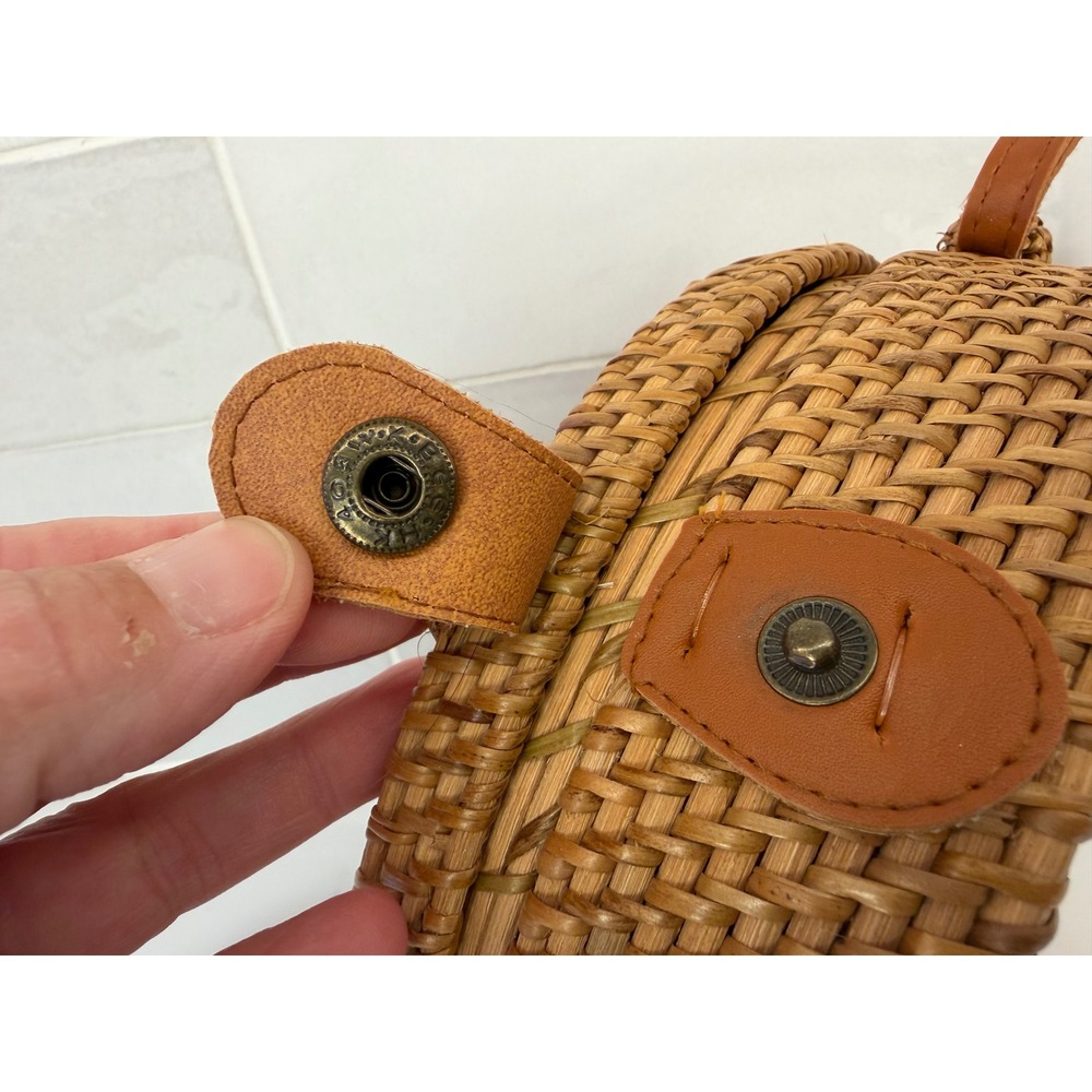 Crossbody Bag Round Rattan 8" Brown Boho Woven Batik Canteen Purse - Picture 4 of 10